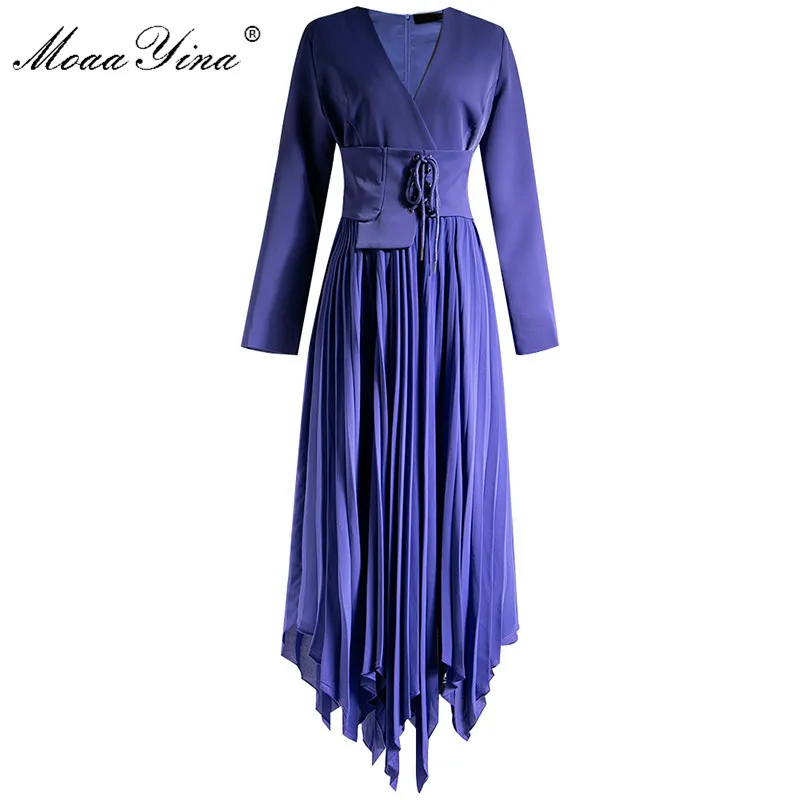MoaaYina Fashion Designer dress Spring Autumn Women Dress V-neck Long sleeve Belt Pleated Asymmetrical Dresses | Женская одежда