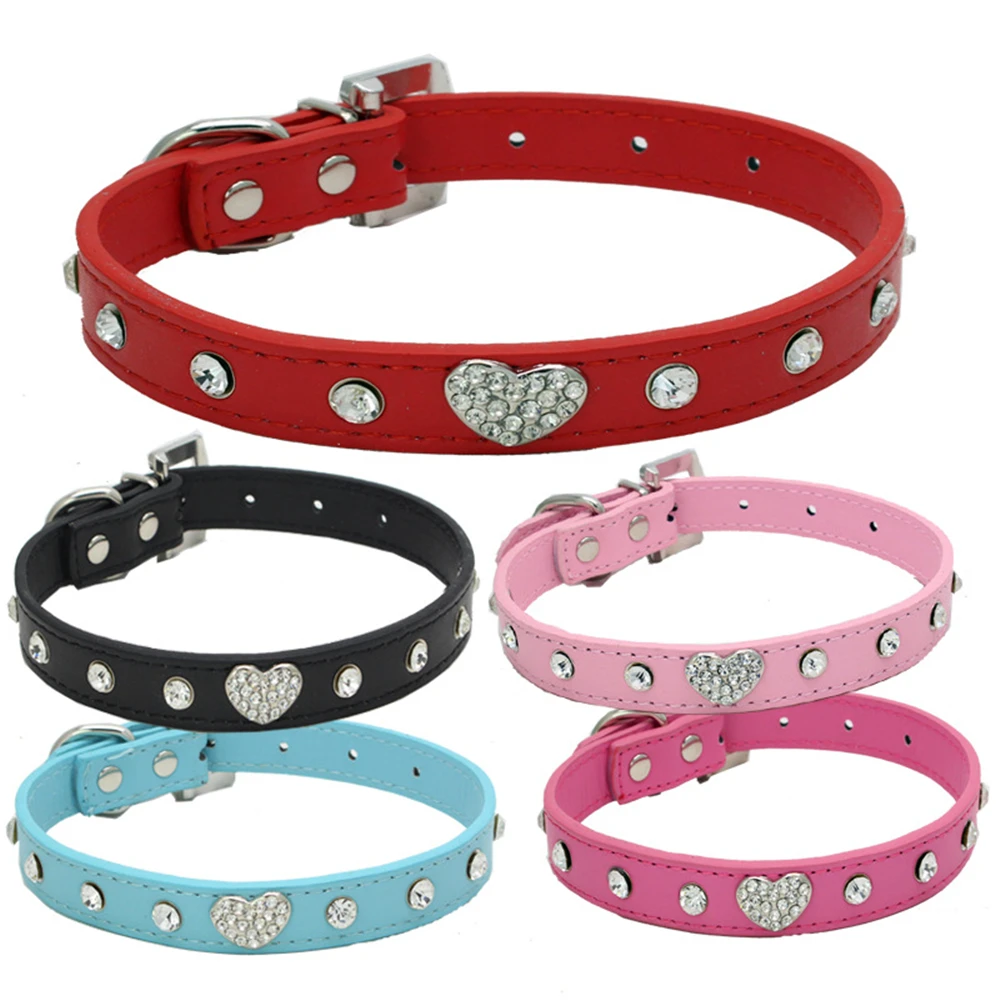 

Rhinstone Dog Collar Heart Charm Fashion Pet Puppy Cat Necklace neck strap for puppy Products Pu Leather
