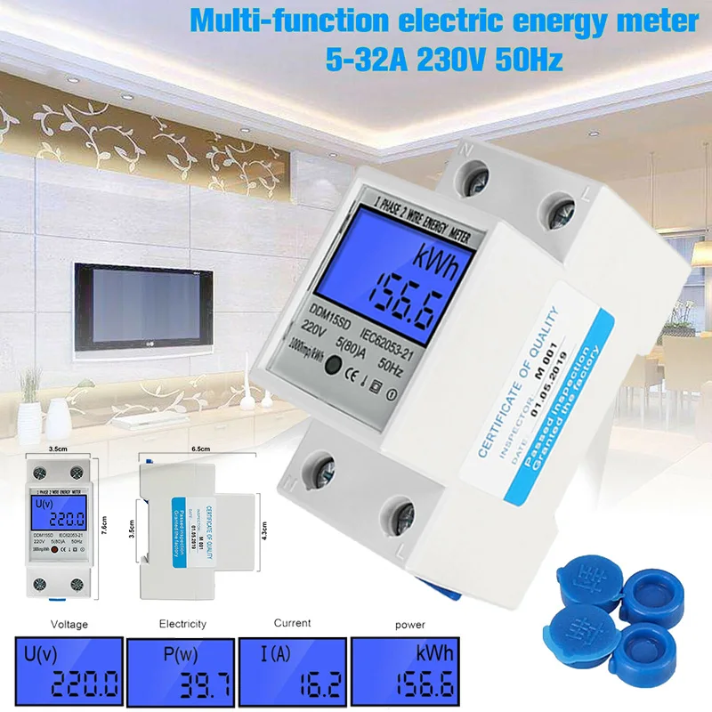 

New LCD Backlight Single Phase Energy DDM15SD Digital Electric Meter AC Meter DIN Rail KWh Meter Wattmeter 5-80A