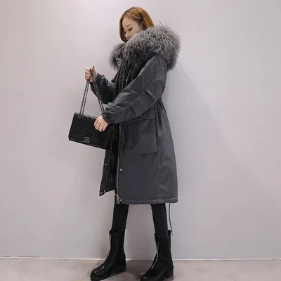 Grey beach wool Пляжный шерстяной пуховик с воротником, новинка, Женская Длинная зимняя Корейская версия, с капюшоном, выше колена, приталенная утолщенная куртка - Цвет: Grey beach wool