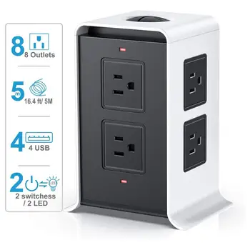 

Vertical Power Strip Universal US Plug Multi Charging 8 Outlet 4 USB 16.4ft/5m Extension Cord Surge Protector Power Socket Tower