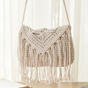 Handmade Cotton Woven Knitted Tassel Crossbody Bag Vintage Shoulder Messenger Bag Female Fashion Beach Summer Handbags for Women - Image 2