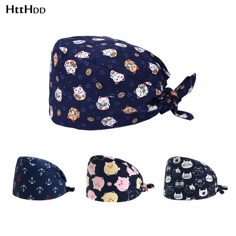 

Fashion unisex Scrubs cap Lucky Cat cartoon printing Breathable sweat-absorbent pet work beautician Laboratory cap Scrubs hat--b