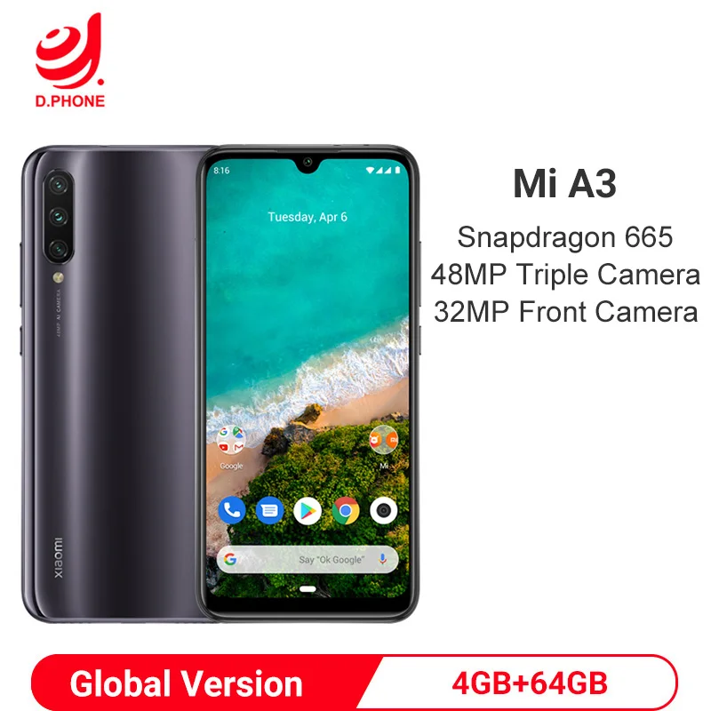 Xiaomi MI A3 Смартфон с восьмиядерным процессором Snapdragon 665 ОЗУ 4 Гб ПЗУ 64 ГБ 48 МП 32 4030
