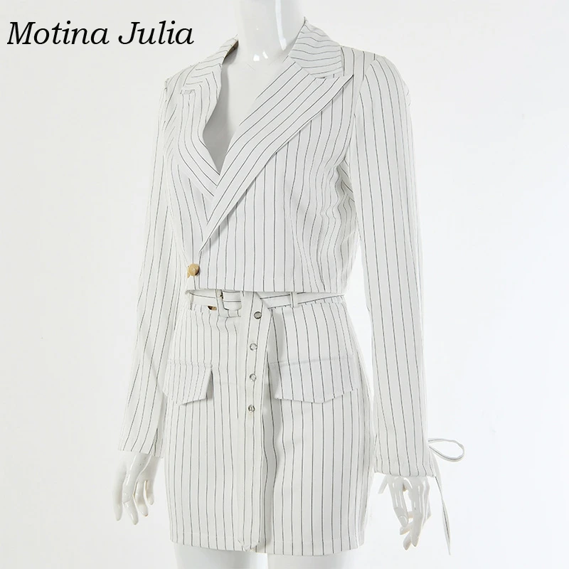 Motina Julia осенне-зимние полосатые блейзеры, комплекты для женщин, крутая уличная верхняя одежда, пальто, костюмы с юбкой