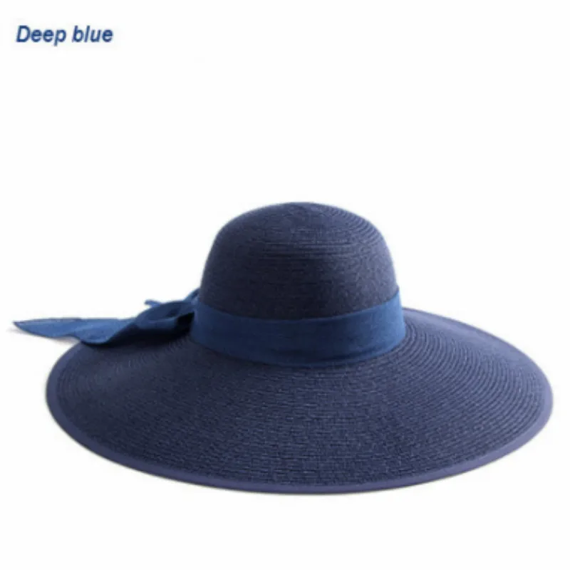 1 шт. летняя соломенная широкополая шляпа с широкими полями, Пляжная складная шляпа с бантом - Цвет: deep blue