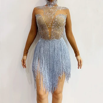 

Shining Silver Rhinestones Fringes Bodysuit Women'S Birthday Prom Celebrate Transparent Leotard Stage Dance Costume Lady DT1919
