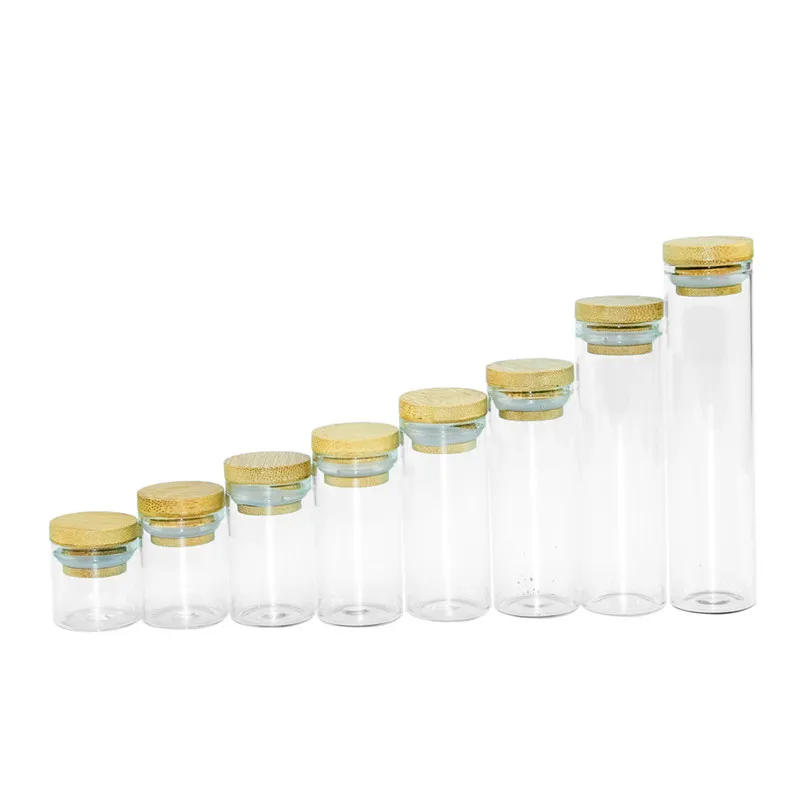 

10ml 15ml 20ml 25ml 35ml 40ml 50ml Glass Bottle with Bamboo Lid Empty Leak proof Airtight Food Storage Clear Bottle Jars 50pcs