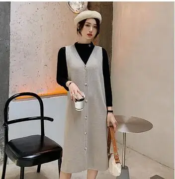 Khaki set Осенне-зимний пуловер для беременных, хлопковая Футболка с рукавами+ однобортное трикотажное платье с v-образным вырезом, костюм-двойка, свитер, Одежда для беременных - Цвет: Khaki set