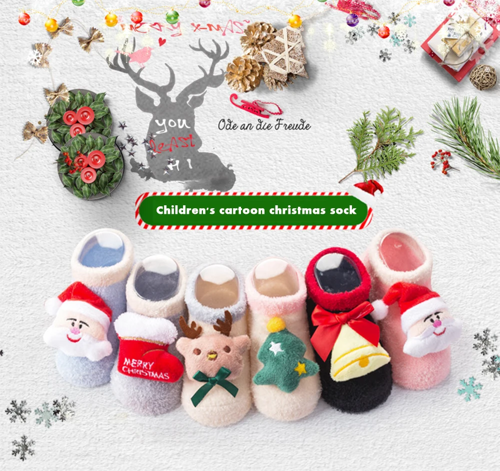 Носки для маленьких девочек и мальчиков, рождественские Нескользящие короткие носки для новорожденных, Зимняя Теплая обувь, Детские Рождественские Носки с рисунком