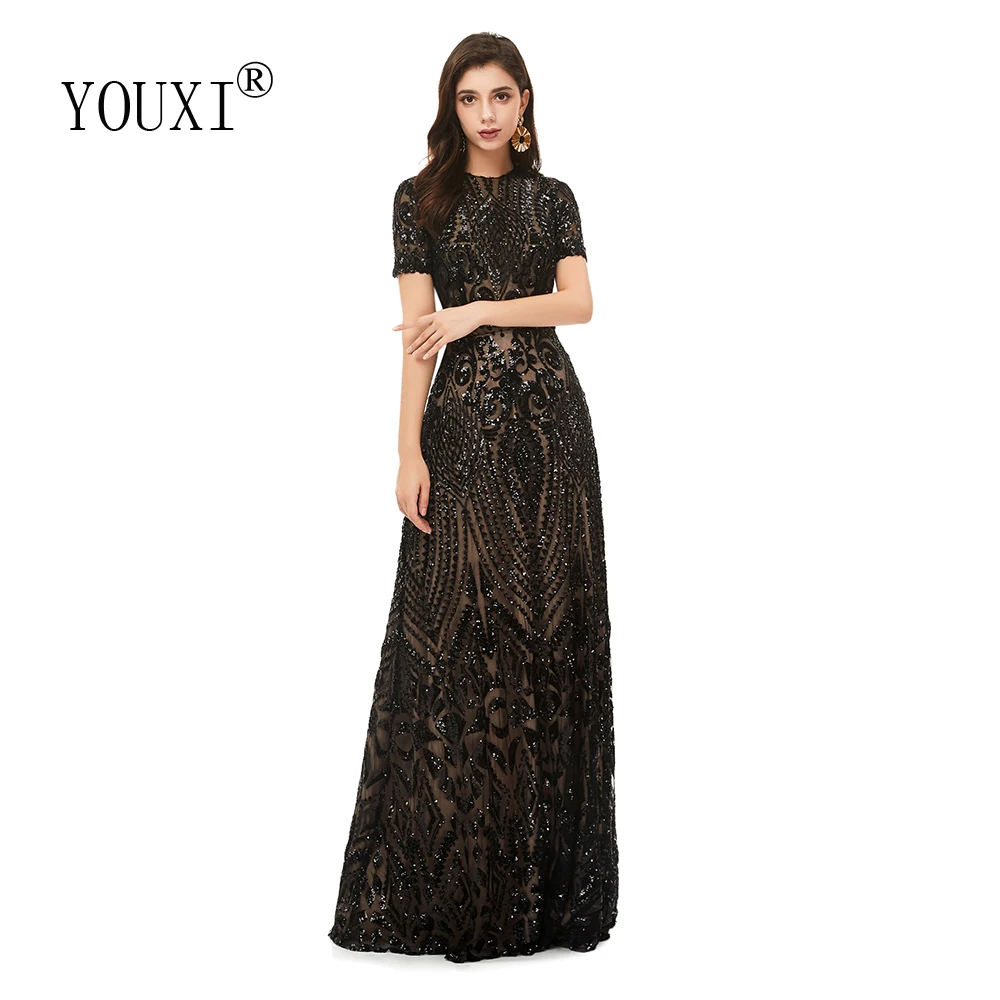 YOUXI скромные черные вечерние платья с круглым вырезом и короткими рукавами Новые Вечерние платья с блестками vestidos de fiesta de noche