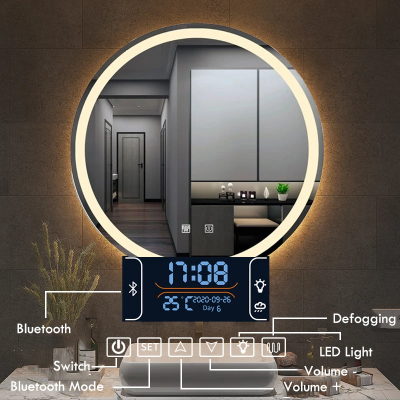 50CM/60cm Round Smart Makeup Bathroom Mirror 3 Color Adjustable LED LIght Multi-Function With Demist Bluetooth Speaker