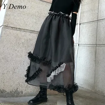 

Y Demo Streetwear Gothic Mesh Ruffles Knee Length Skirt Women Casual High Waist Layers Bud Skirts Female