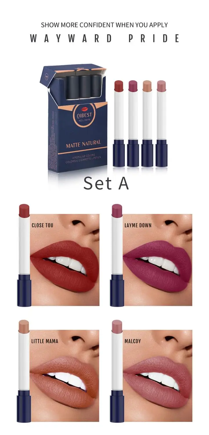 set01 QIBEST, 4 цвета/набор, креативная сигаретная помада, матовая, стойкая, водостойкая матовая помада для губ, туба, телесный, красный, макияж, косметика - Цвет: set01