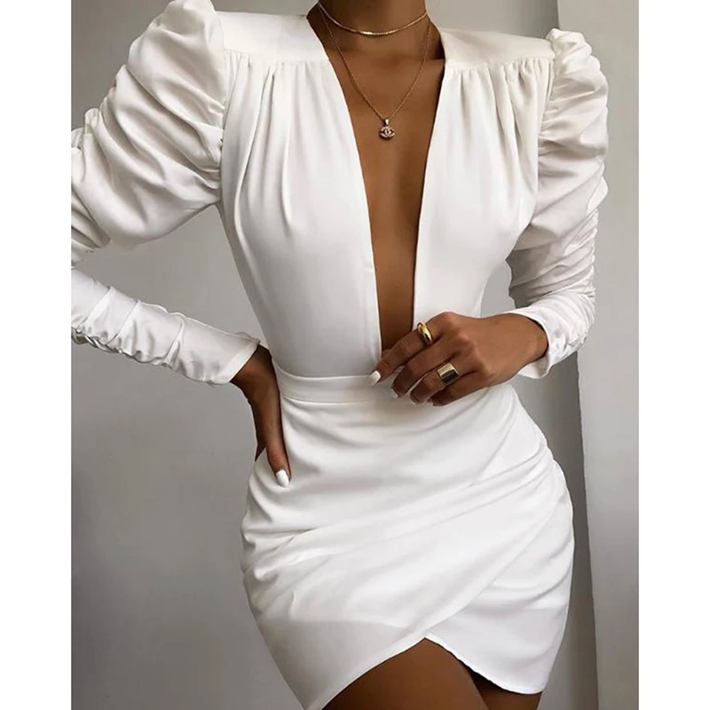 

Irregular Solid White Long Sleeve Women Dress Sexy V Neck Puff Sleeve Party Dress Elegant Ladies Formal Workwear Vestidos Mujer