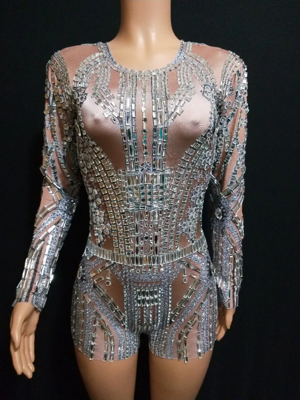 

Shining Sparkly Glass Rhinestones Dress Evening Party Wear Long Sleeves Prom Nude Gray Dress Birthday Celebrate Diamons Dresses