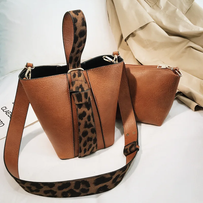 

Bucket bag leopard print bow tie two-piece set of large capacity single shoulder oblique span women's bag