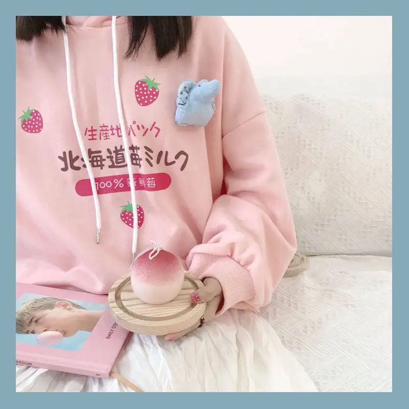 Harajuku Kawaii клубничное молоко толстовка с рисунком толстовка женская уличная зимняя плюс размер женское свободное тонкое худи Милая одежда - Цвет: Розовый