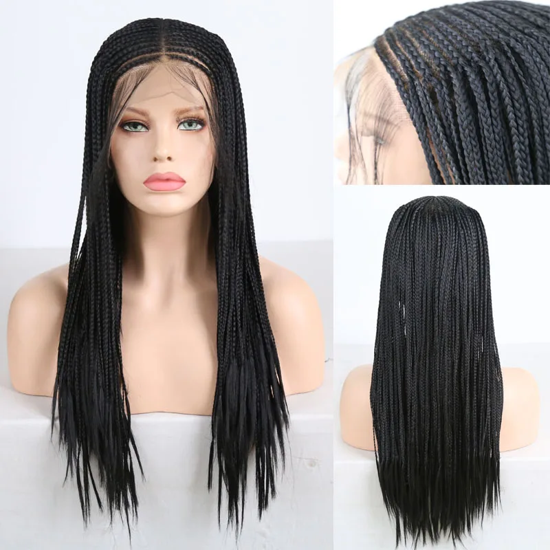 RONGDUOYI 13x6 Middle Part Braided Synthetic Lace Front Wigs for Women Black Heat Resistant Fiber Hair Braids Wig with Baby Hair