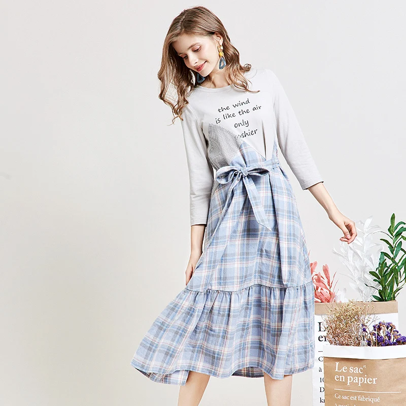 ARTKA Autumn New Women Dresses Irregular Plaid Stitching Dress With Belt Ruffled Casual Letter Print Dress Women LA15394Q