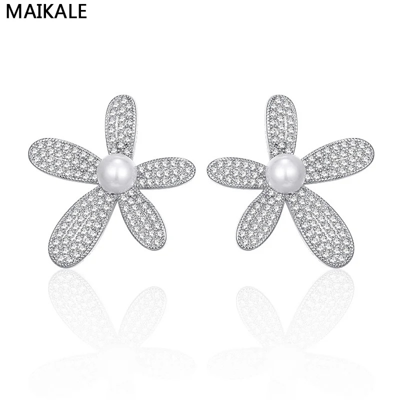 Женские серьги гвоздики с жемчугом MAIKALE корейские золотые кубическим цирконием