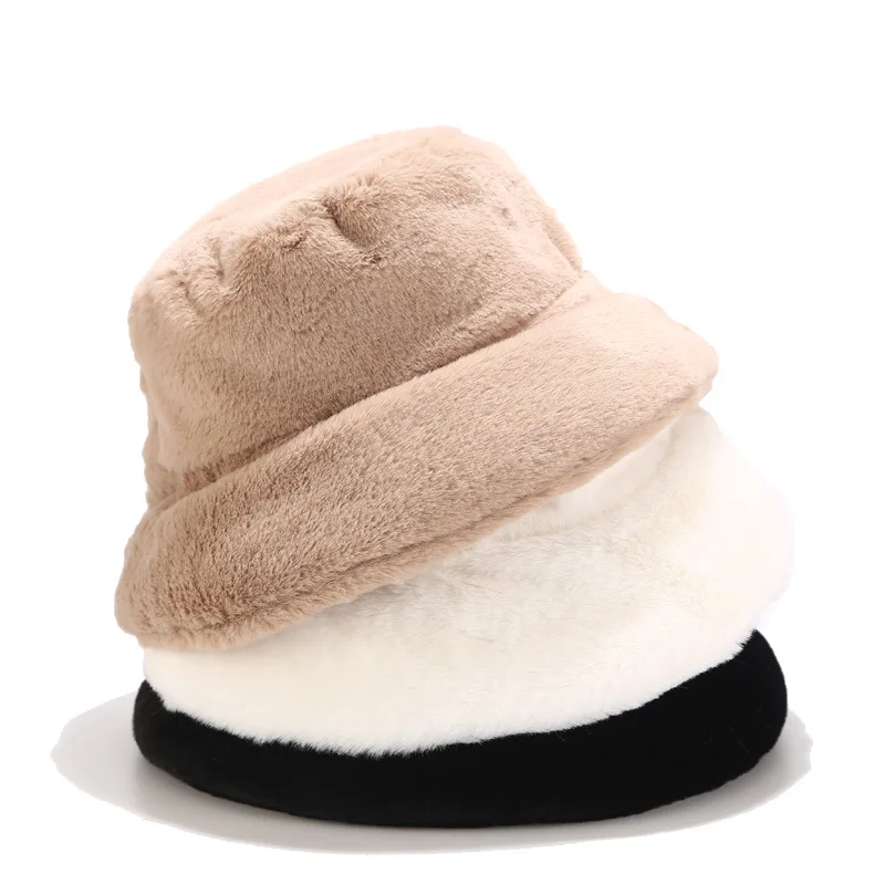 

Oloey Autumn Fashion New Imitation Mink Warm Bucket Hats For Women Solid Elegant Wide Brim Caps Femme Black Casual Fisherman Hat