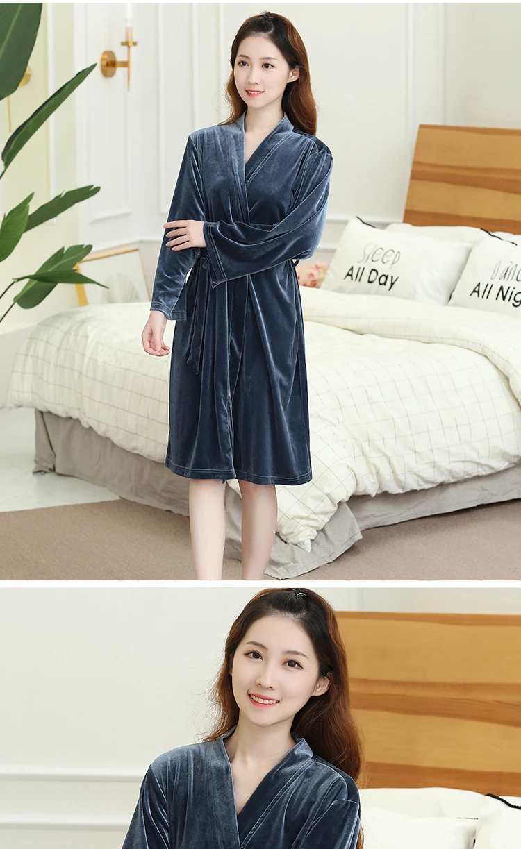 Women's nightgowns Winter High-grade Comfortable V-neck Thickened velvet elastic waistband Pure color woman bathrobe Embroidery