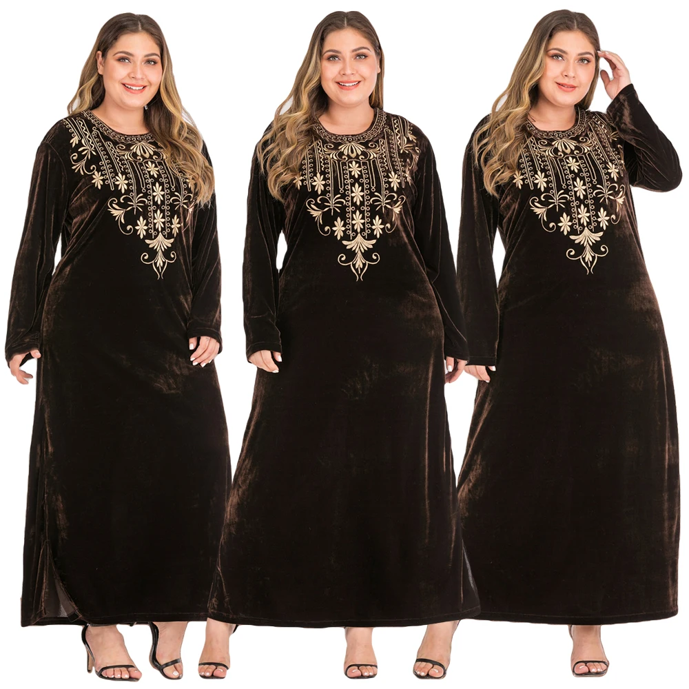 Женское бархатное Абая мусульманское платье макси с длинным рукавом Кафтан джилбаб вышивка кафтан халат размера плюс свободное осеннее