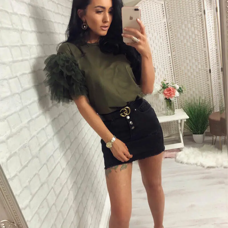 

Women Short Sleeve Mesh Tulle Ruffle Sleeve Blouses Ladies Casual Summer Blouse Tops Shirt Party Clubwear Fashion Tops
