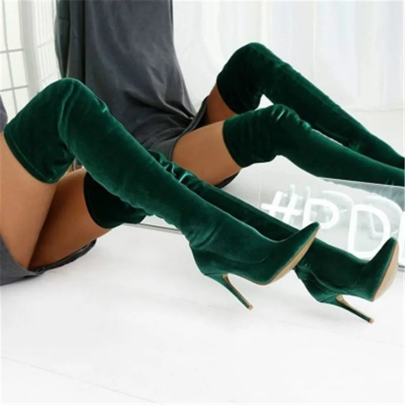 

New Women Stretch Fabric Thigh High Long Boots Fashion Sexy Pointed Toe Suede Leather High Heels Female Over The Knee Boots