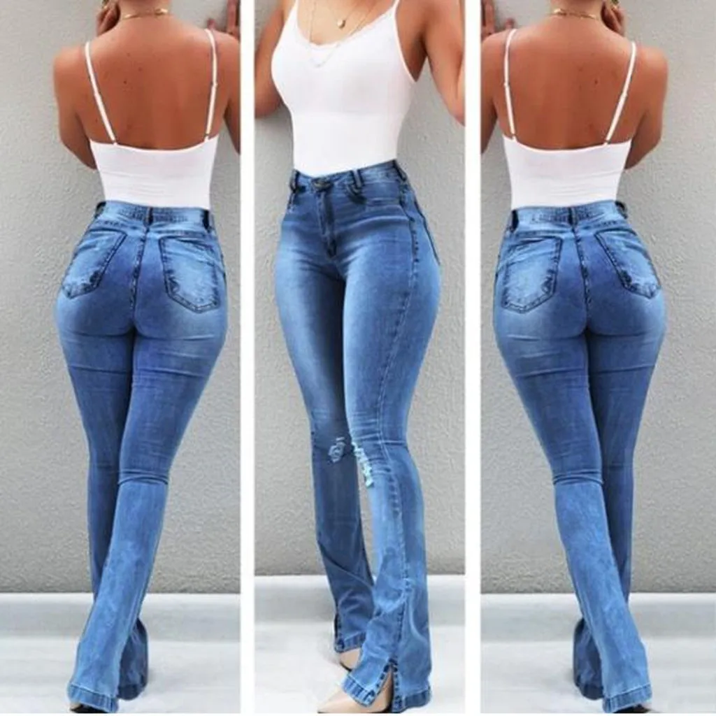 Women's Jeans Casual Slim Stretchy Denim Waist Jeans Oversized Long Flare Pants Light Blue Trousers For Women Plus Size#J30