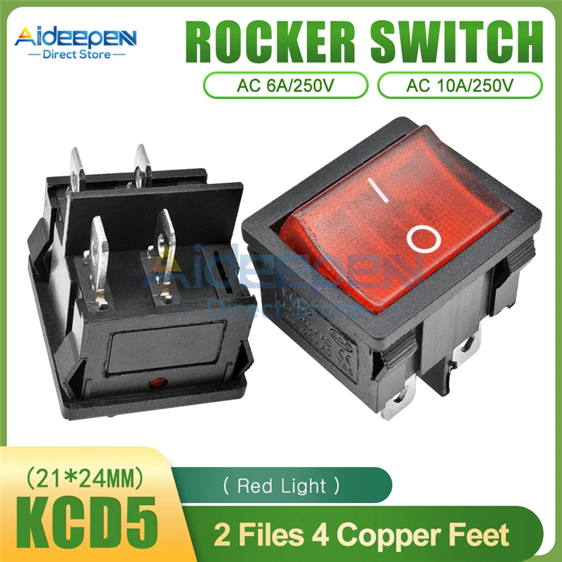 KCD5 Rocker Switch 21x24mm AC 15A/250V 6A/250V 2 Files 4 Copper Feet/3 Files 6 Copper Feet Toggle Switch With LED Light - Color: Red with light 4P