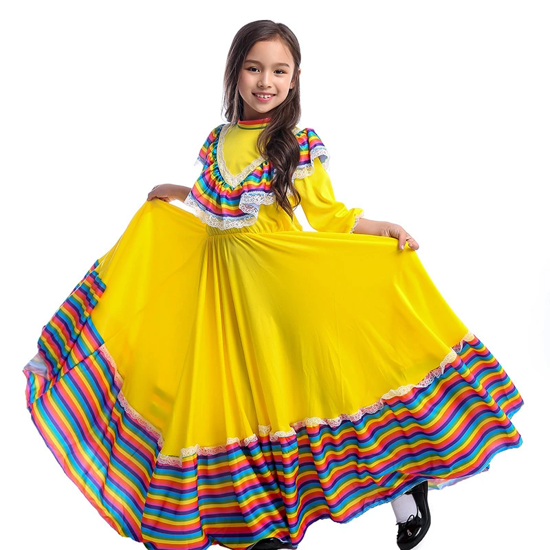 Traditional Mexican Girl Dress Halloween Costume For Girl Yellow Big Circle Long Gypsy Flamenco Dance Skirt Day Of Dead Carnival Girls Costumes Aliexpress