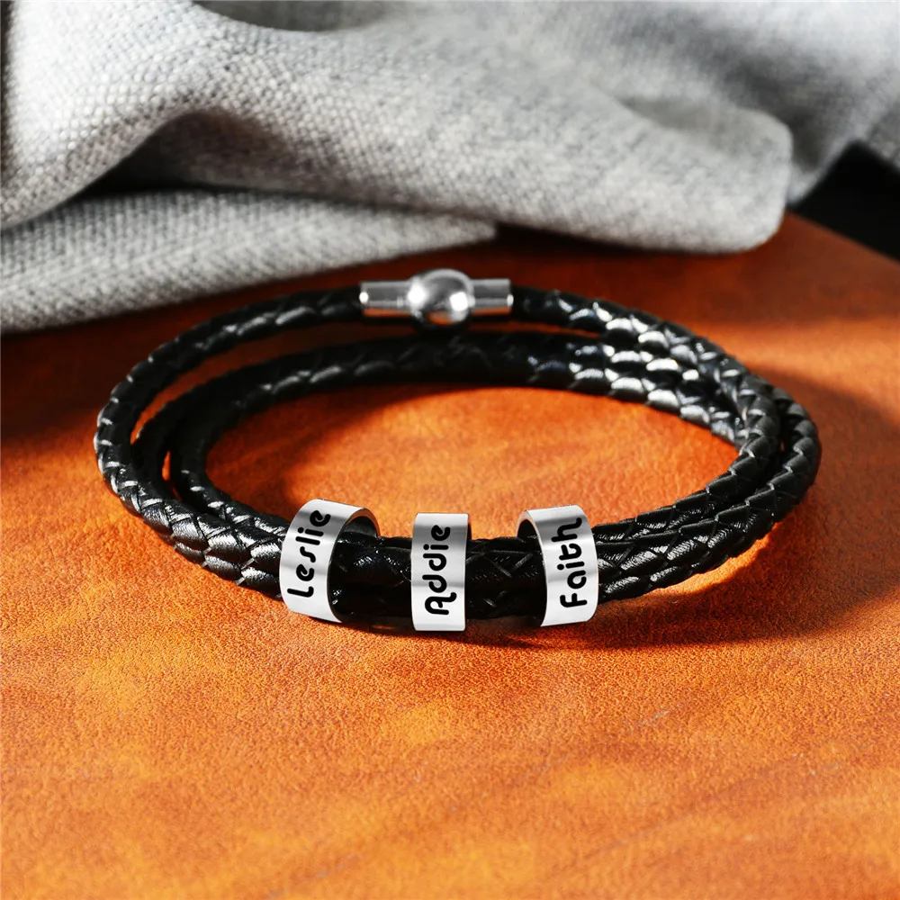 Personalized Jewelry Women Mens Stainless Steel Charm Bracelets Genuine Leather Braided Rope Custom With 1-9 Names Beads Gift