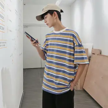 

Striped short-sleeved t-shirt men's clothes half-sleeved men's Korean t-shirt men's summer Hong Kong style five-point sleeves