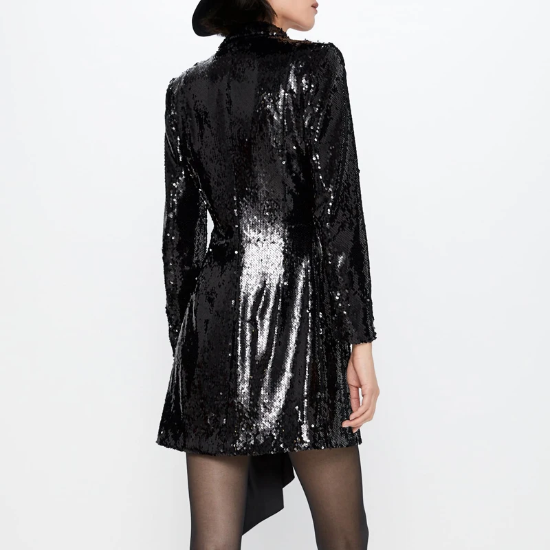 Модное женское платье-блейзер с блестками, новинка, весна-осень, атласный бант, Черная Женская куртка, элегантное мини-платье с длинным рукавом, INKEO 9O022