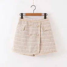 Бежевая клетчатая юбка для девочек; Новинка г.; двубортная юбка с высокой талией и декоративными карманами в Корейском стиле; свободная Милая Студенческая юбка