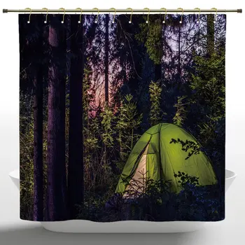 

Funky Shower Curtain by ,Camper,Dark Forest in Late Evening with Spruce Trees and Purple Sky Outdoor Lifestyle