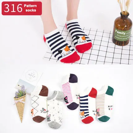5 пар, забавные Женские носочки, хлопковые носки, розовые носки с милым котиком, короткие носки, повседневные носки с ушками животных, красные носки для девочек, 35-40 - Цвет: color 7