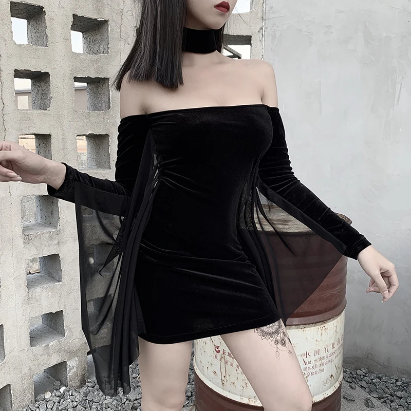 InsGoth, сексуальное облегающее Черное мини-платье с открытыми плечами, для женщин, Готическая уличная одежда, с длинным рукавом, однотонное черное винтажное, вечерние, женское платье