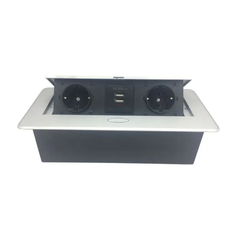 

EU Plug Metal Plate Pop-up 2 Power Socket Dual USB Charge Port Desktop Outlet X7YF