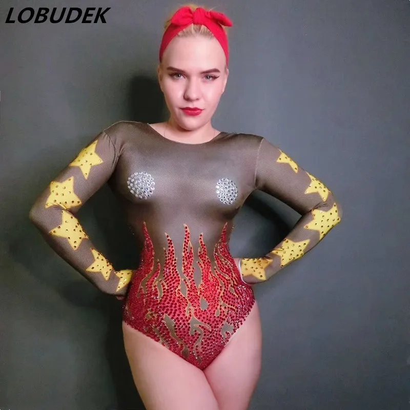 

3D Flame Stars Pattern Rhinestones Bodysuit Tight-fitting Sexy DJ Singer Dance Bar Club Performance Stage Wear Acrobatic Costume