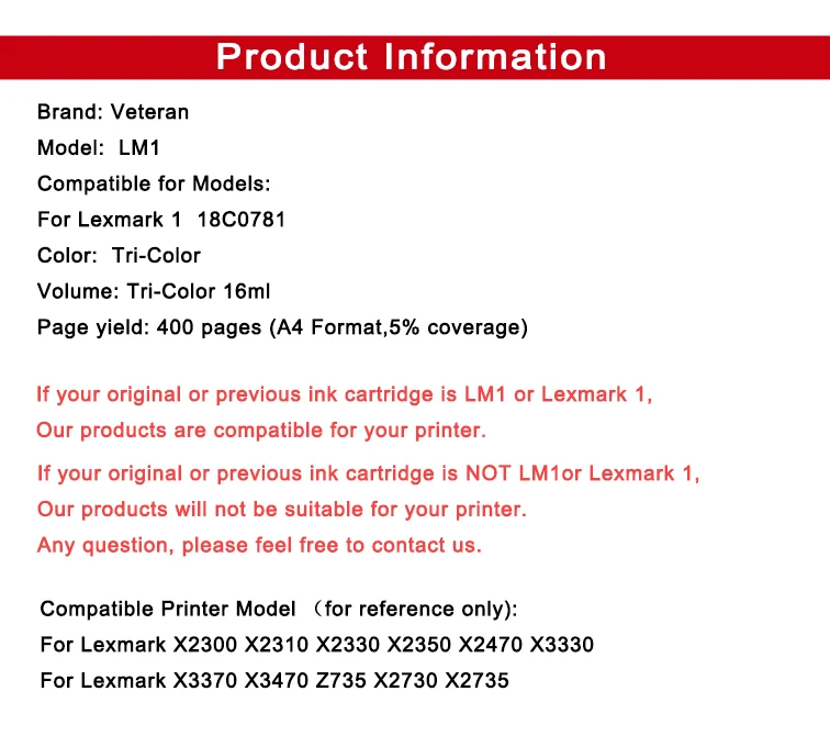 Ветеран 1 совместимый для Lexmark 1 картридж с чернилами для принтера Lexmark X3470 X2300 X2310 X2330 X2350 X2470 X3330 X3370 Z730 Z735 X2730