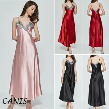 

CANIS Women Oversize Satin Long Nightdress Silk Lace Sleepwear Sleepdress