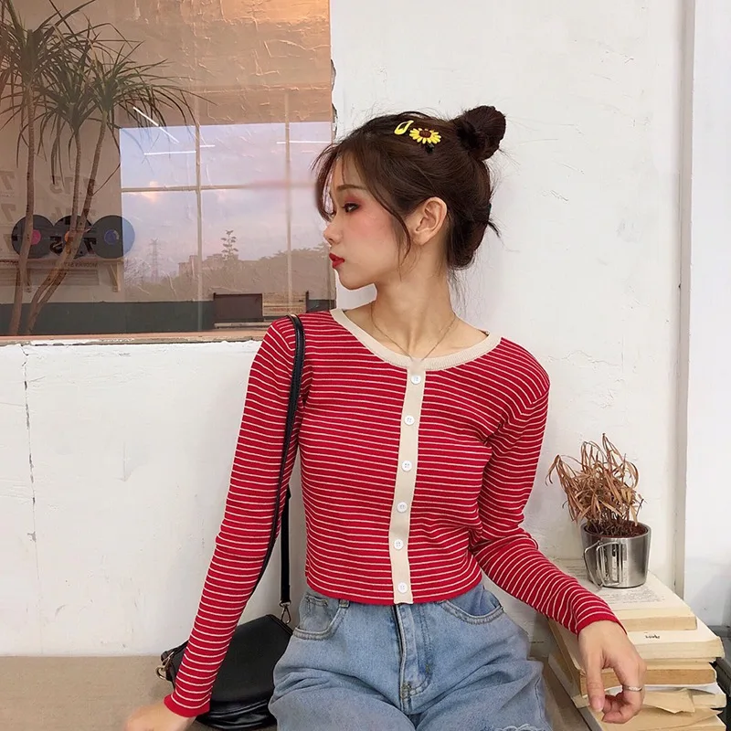 Women Sweater Contrast Color Striped Knitted Tops Buttons Short Sweaters Jumper O-neck Long Sleeve Slim Sweater