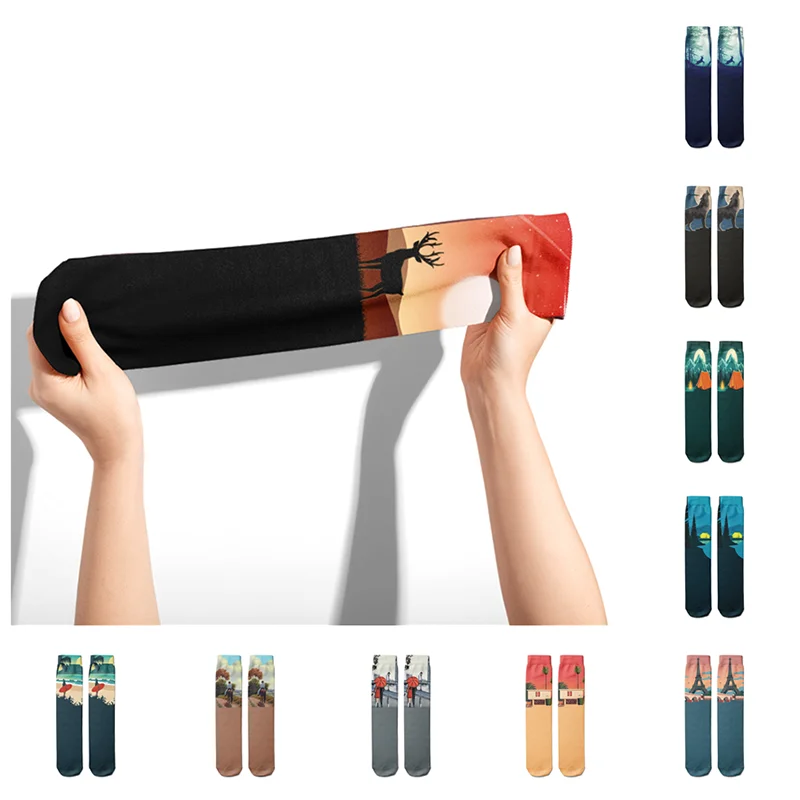 

New Nordic Fashion Women Socks 3D Print Funny kawaii Cotton Winter Warm Elk Eiffel Tower Socks Cartoon Unisex Gifts Women Socks