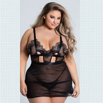 

LEECHEE New European and American large size sexy lace stitching mesh one-piece deep V sexy pajamas temptation owl underwear