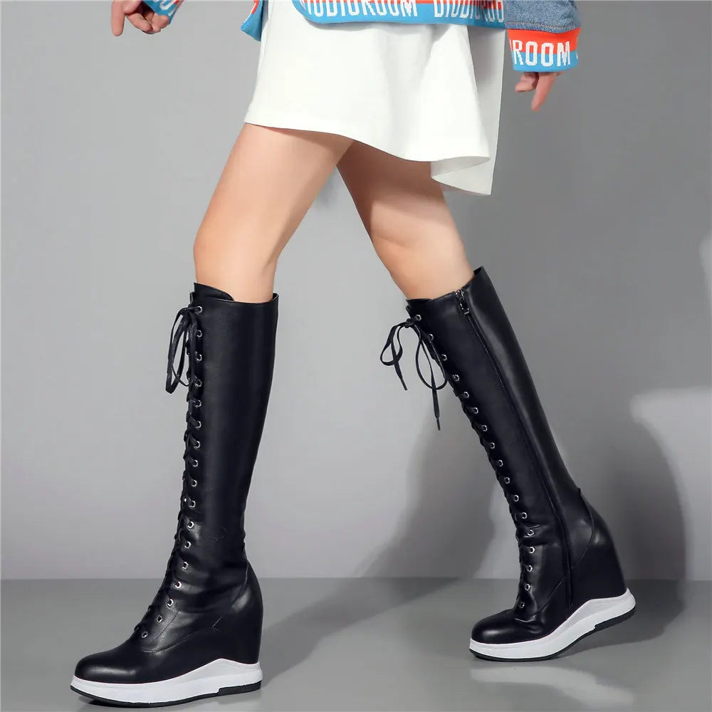

Winter Warm Thigh High Shoes Women Genuine Leather Wedges High Heel Knee High Boots Female Lace Up Tall Shaft Platform Oxfords