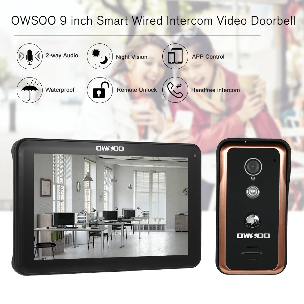 

OWSOO 9"Monitor Wired WIFI Video Door Phone Doorbell Intercom Entry System with 1000TVL Wired IR-CUT Camera Support Night Vision