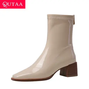 

QUTAA 2021 Retro Square Toe Women Shoes Square High Heel Ankle Boots Autumn Winter PU Leather Zipper Ladies Pumps Size 34-39